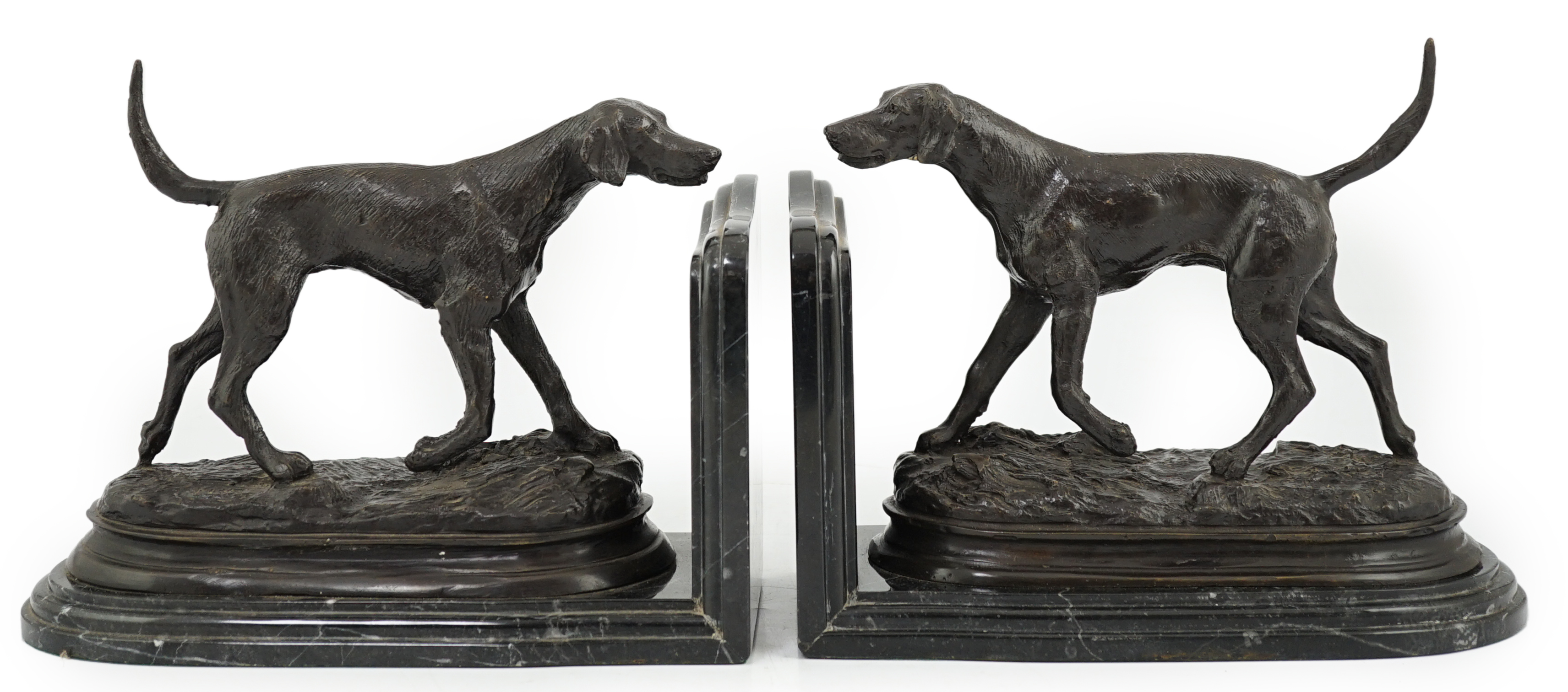 After Pierre-Jules Mêne (1810-1879), a pair of bronze models of hunting hounds